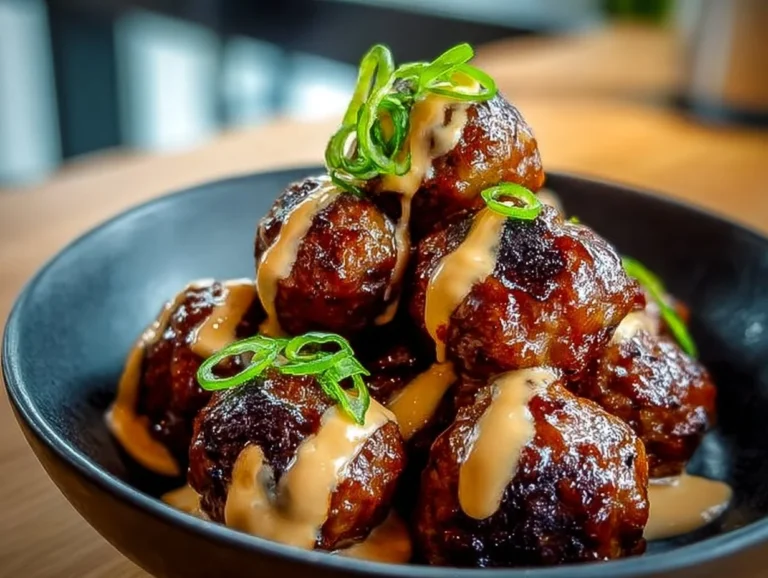 Korean BBQ Meatballs with Spicy Mayo Dip Delicious Korean BBQ Meatballs served with a spicy mayo dip.