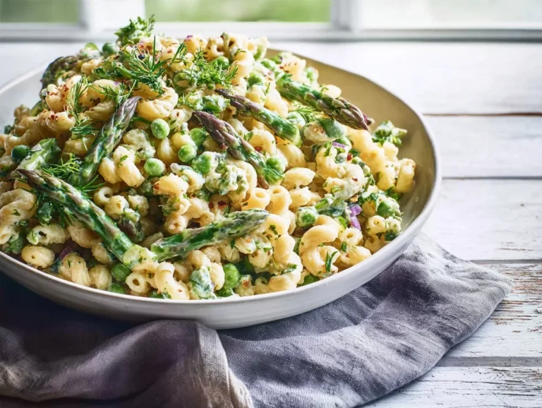 Lemon-Dijon Asparagus and Pea Macaroni Salad with vibrant colors and flavors