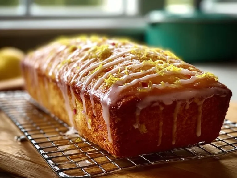 A slice of Lemon Rhubarb Loaf Cake with a zesty lemon glaze atop a golden brown loaf.