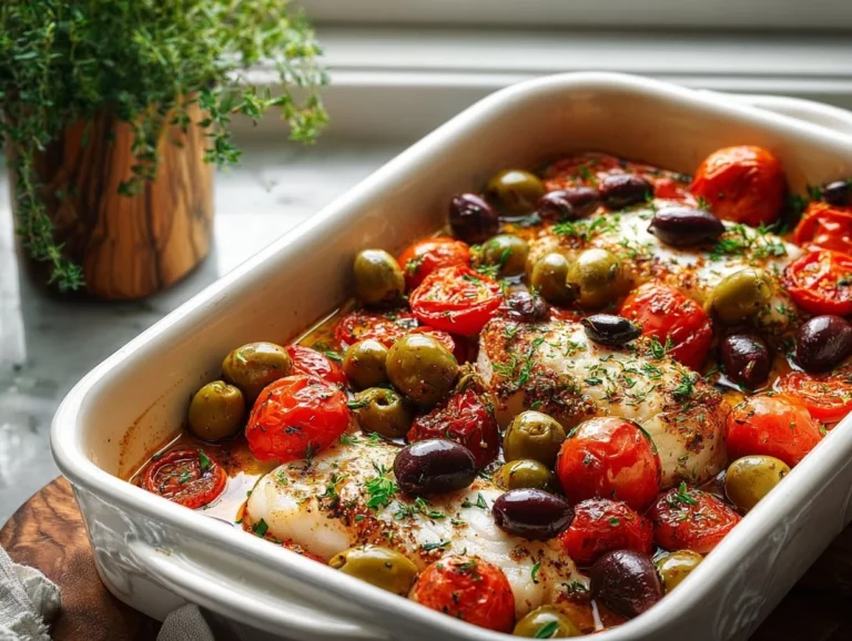 Mediterranean baked cod recipe with cherry tomatoes and olives served on a plate.