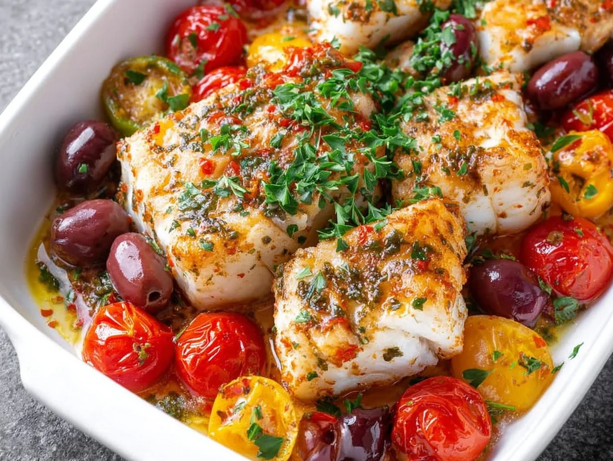 Mediterranean Baked Cod with Cherry Tomatoes and Olives: A Simple Delight for Your Dinner Table Mediterranean Baked Cod with Cherry Tomatoes and Olives