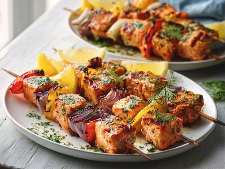 Mediterranean Salmon Kabobs garnished with herbs and vegetables on skewers