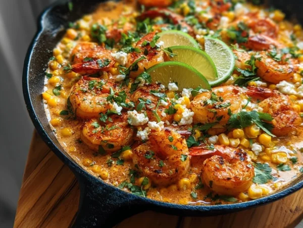 Mexican Street Corn with Shrimp and Creamy Feta Cheese Sauce: A Flavorful Delight Mexican street corn topped with shrimp and creamy feta cheese sauce.