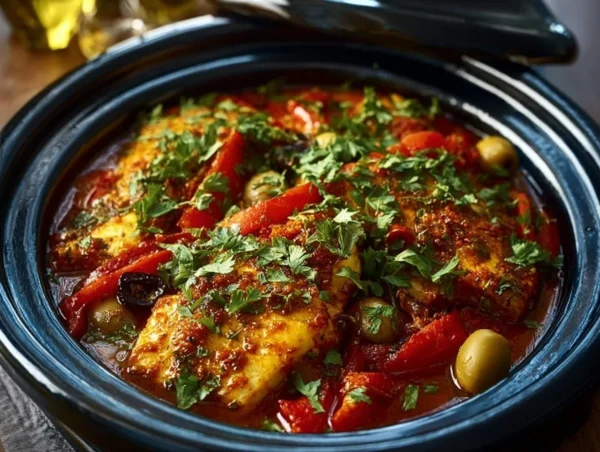 Moroccan fish tagine made with ginger and saffron served in a traditional tagine pot