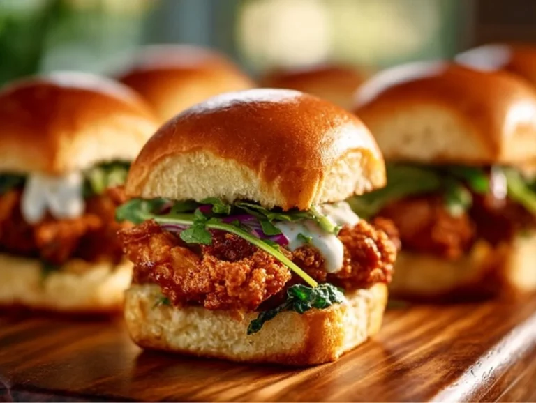 Nashville hot chicken sliders served with pickles and slaw