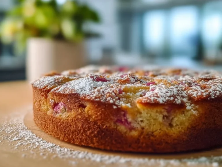A slice of Norwegian Rhubarb Cake with fresh rhubarb on top for decoration.