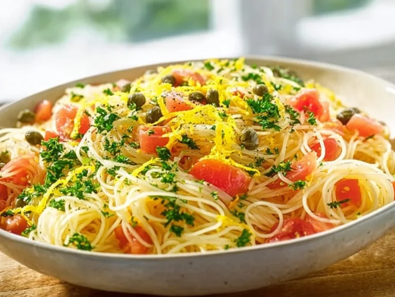 A colorful bowl of Pasta Salad with Capers and Tomatoes, garnished with fresh herbs.