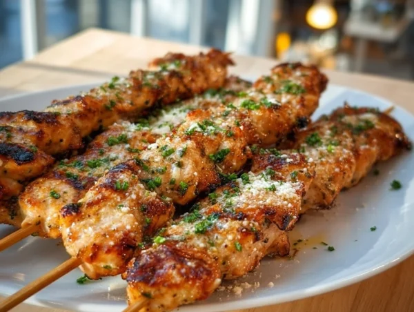 Ranch Garlic Parmesan Chicken Skewers Ranch Garlic Parmesan Chicken Skewers ready to serve on a platter.
