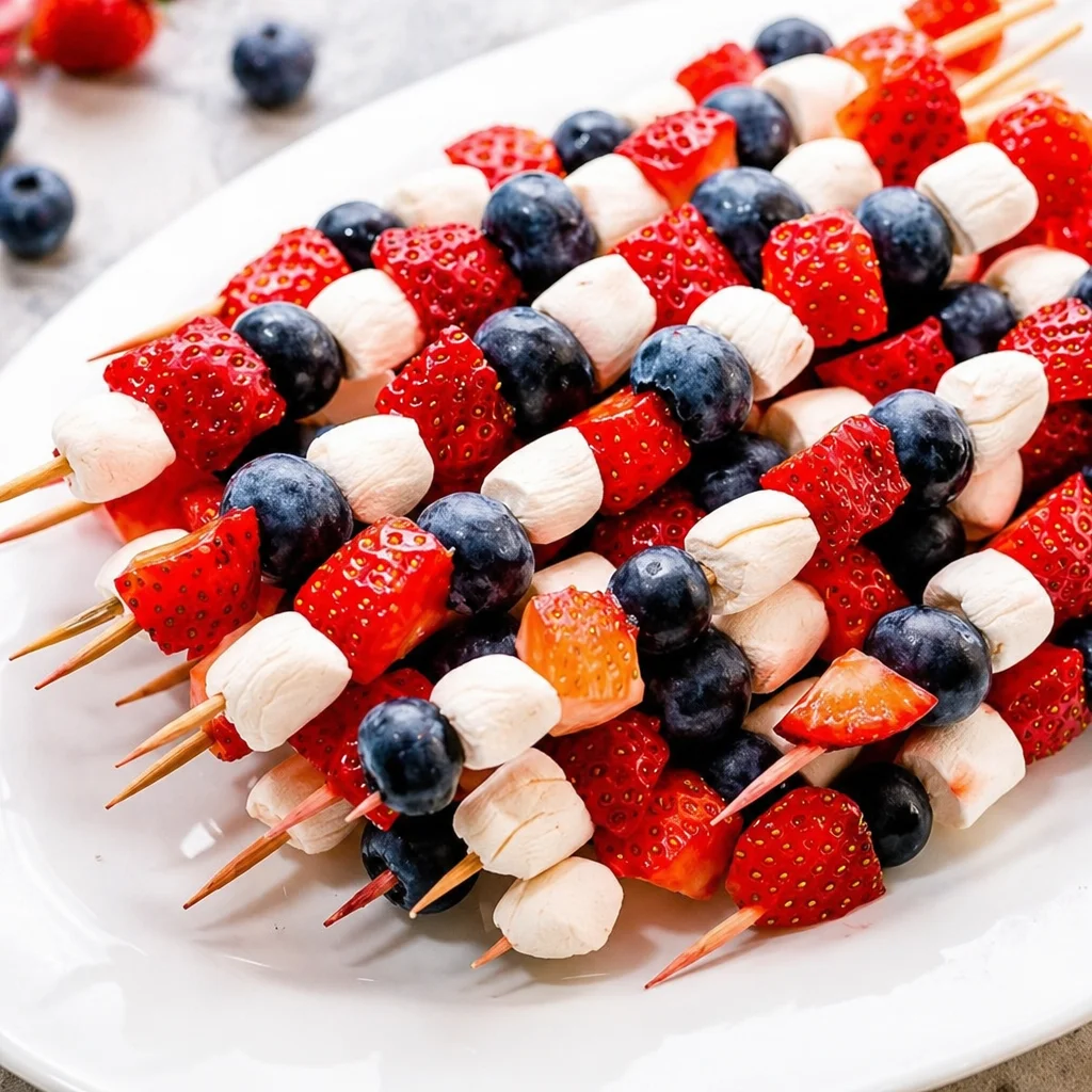 Fresh Red White and Blue Fruit Skewers with strawberries, blueberries, and watermelon.