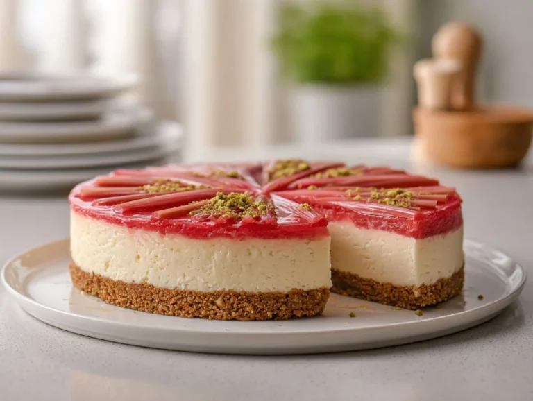 Delicious homemade rhubarb cheesecake on a plate with fresh rhubarb garnish.