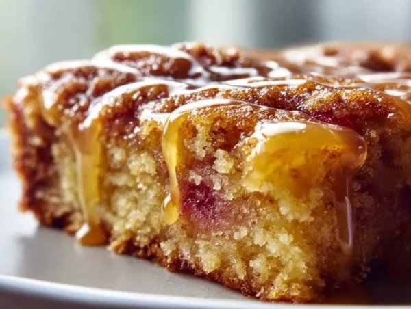 Delicious homemade rhubarb dump cake topped with whipped cream.