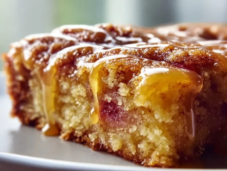 Delicious homemade rhubarb dump cake topped with whipped cream.