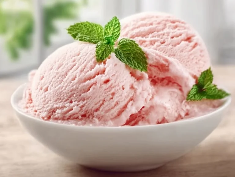 Delicious homemade rhubarb ice cream served in a bowl with fresh rhubarb garnish.