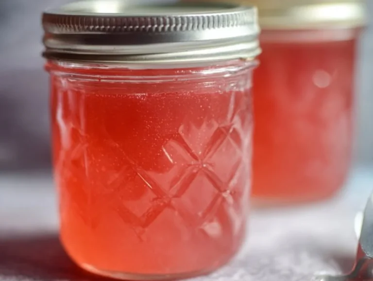 Homemade rhubarb jelly in a jar with fresh rhubarb stalks