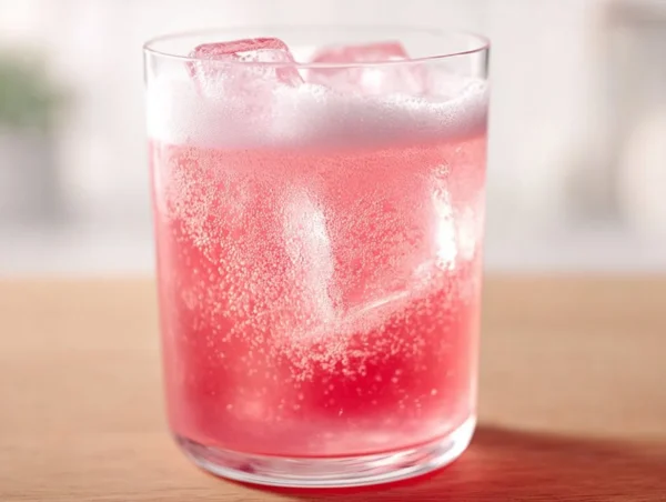 Homemade rhubarb soda in a glass with ice and a slice of lemon