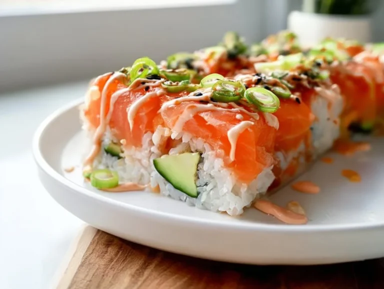 Baked salmon sushi served in a dish, topped with avocado and sauce.