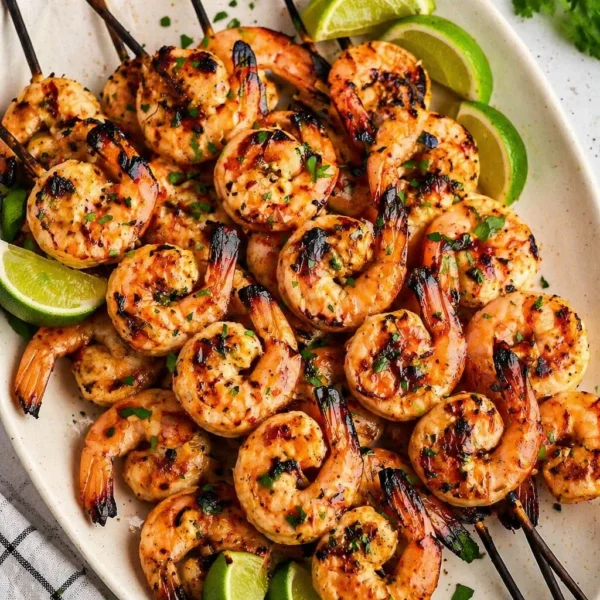 Delicious grilled shrimp skewers marinated in garlic and lemon on a grill.