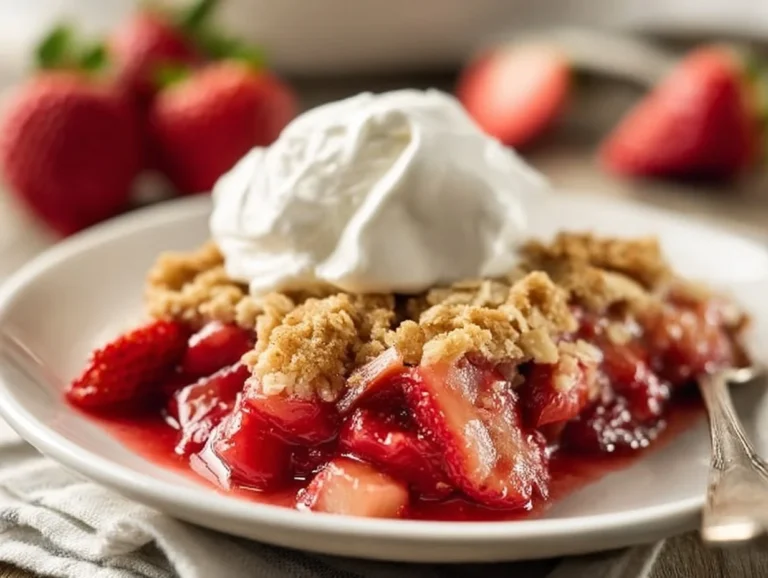 Delicious Strawberry Rhubarb Crisp topped with a crumbly oat topping.