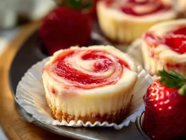 Delicious strawberry rhubarb mini cheesecakes served on a decorative plate