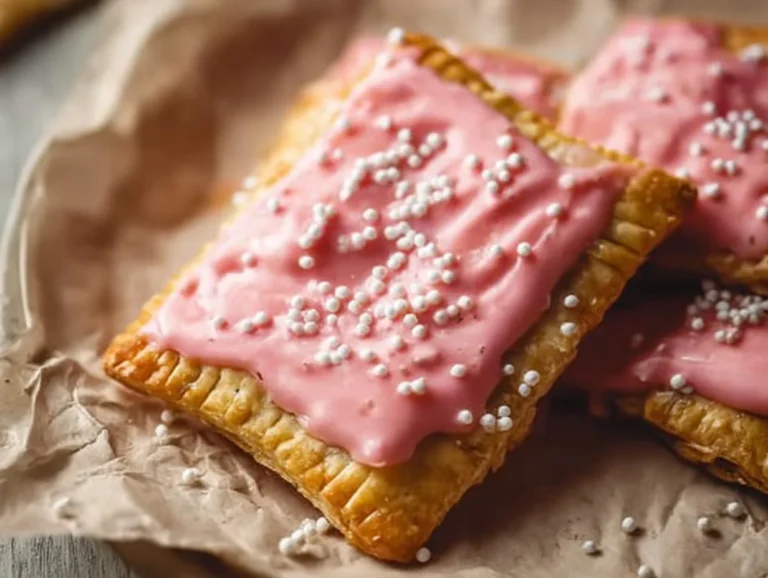 Homemade Strawberry Rhubarb Pop Tarts on a rustic table.