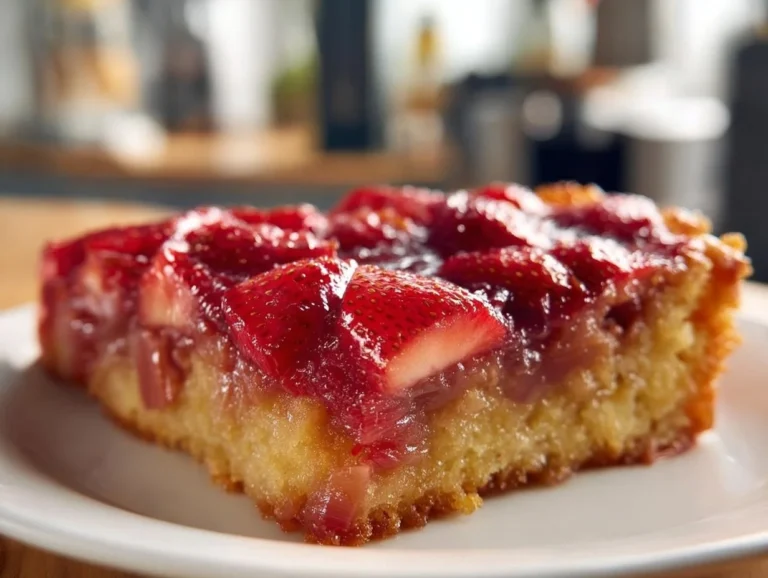 Strawberry rhubarb upside down cake with fresh fruit topping