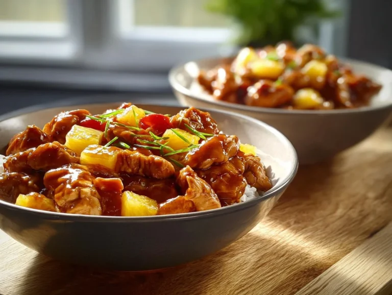 Sweet Hawaiian Crockpot Chicken served with pineapple and rice