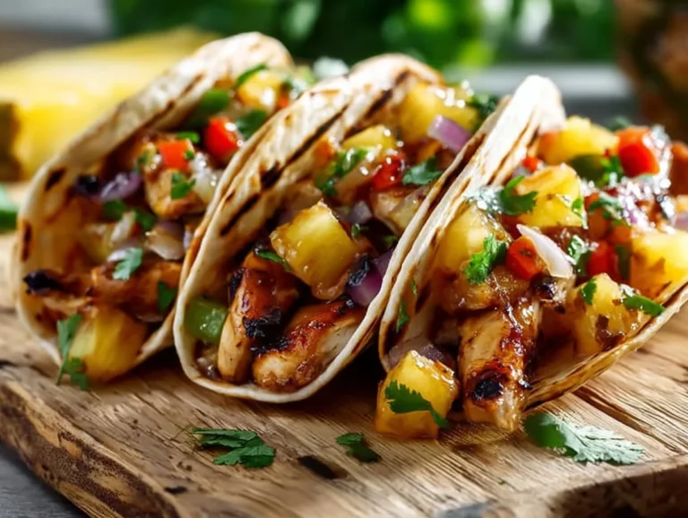 Teriyaki chicken tacos with grilled pineapple pear salsa served on a plate.