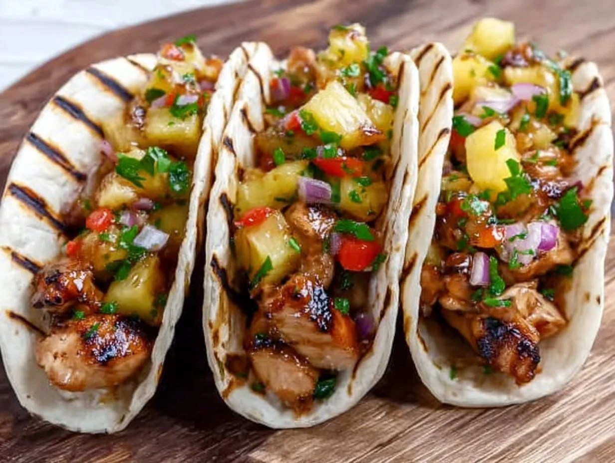Teriyaki Chicken Tacos with Grilled Pineapple Pear Salsa