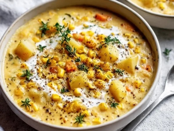 Bowl of creamy corn and potato soup with herbs and fresh ingredients