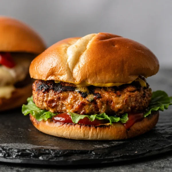 Juicy grilled turkey burgers on a barbecue grill, garnished with fresh toppings.