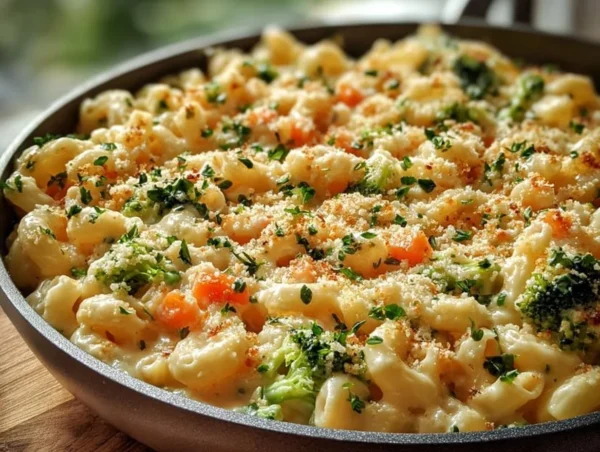 One pot veggie mac and cheese dish topped with fresh vegetables