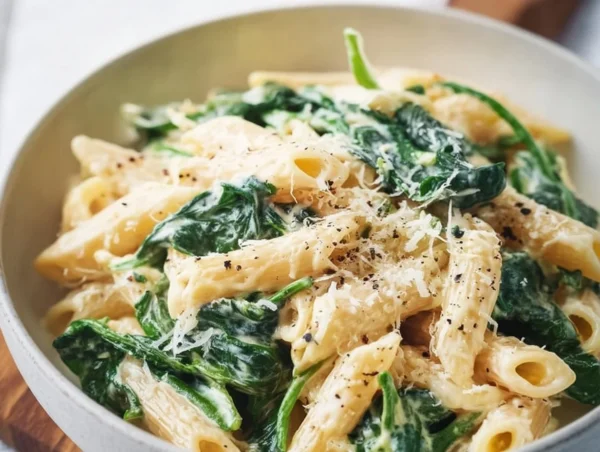 Bowl of pasta with creamy spinach sauce garnished with herbs.
