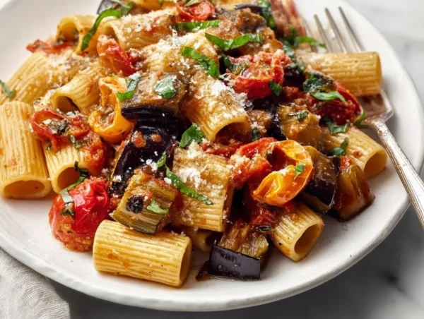Bowl of roasted eggplant pasta topped with fresh herbs and Parmesan cheese.