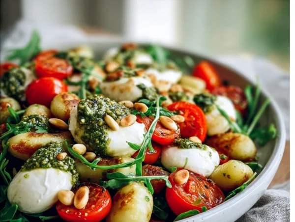 Roasted gnocchi salad topped with basil pesto and fresh vegetables