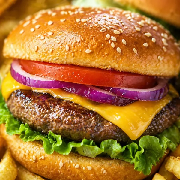 Delicious grilled cheeseburgers with melted cheese and toppings on a grill.