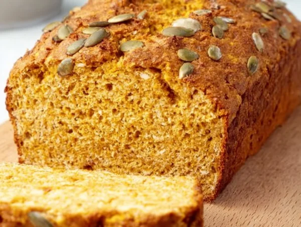 Freshly baked vegan chickpea bread on a wooden cutting board.