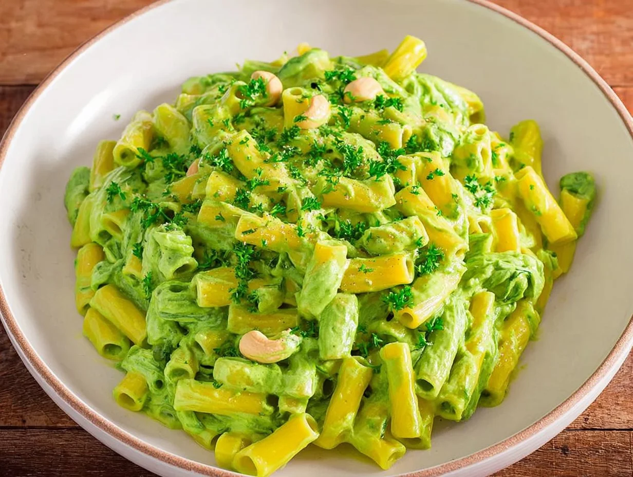 Vegan Creamy Spinach Garlic Pasta with Cashews and Parsley