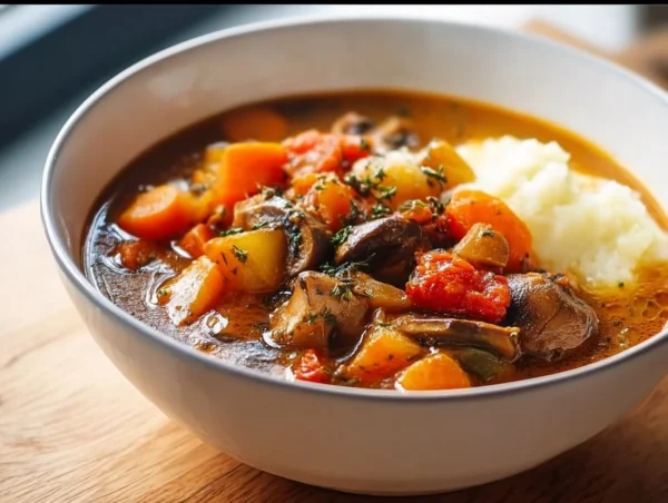 Delicious vegetarian stew served in a bowl with fresh herbs on top.
