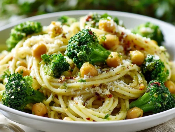 Plate of Broccoli Chickpea Pasta in Garlic Olive Oil Sauce garnished with herbs