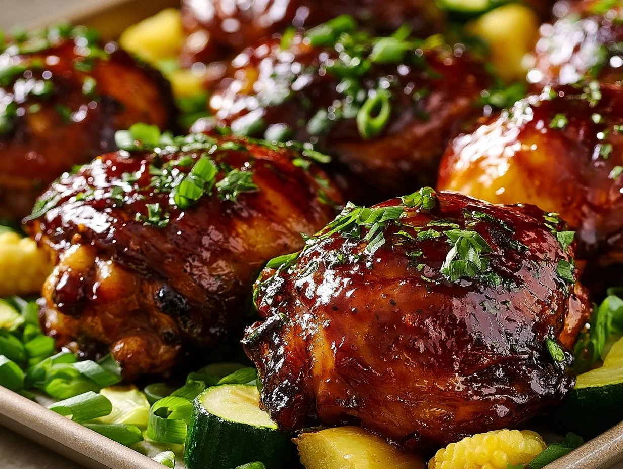 Chicken Sheet Pan with Hot Honey Garlic Chicken sheet pan with hot honey garlic sauce ready to serve.