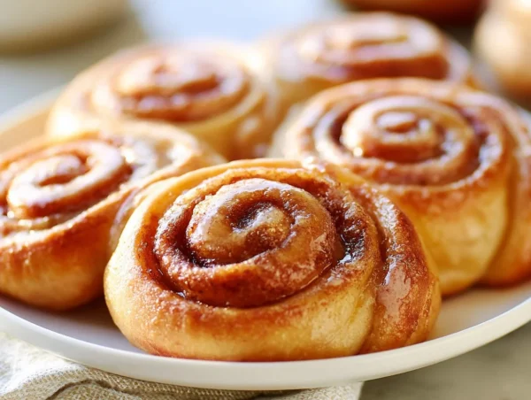 Delicious cinnamon rolls with icing on a wooden table