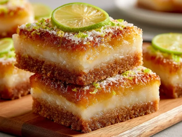 Coconut Lime Bars topped with fresh lime slices on a light plate.