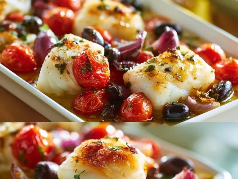 Mediterranean Baked Cod is a light and flavorful dish that features flaky cod fillets baked with a colorful medley of cherry tomatoes, olives, onion, and garlic. This dish combines the bright, tangy flavors of fresh Mediterranean ingredients, making it an ideal choice for a healthy weeknight dinner or a special gathering. The ease of preparation ensures that even novice cooks can create a stunning meal in under half an hour. Mediterranean Baked Cod