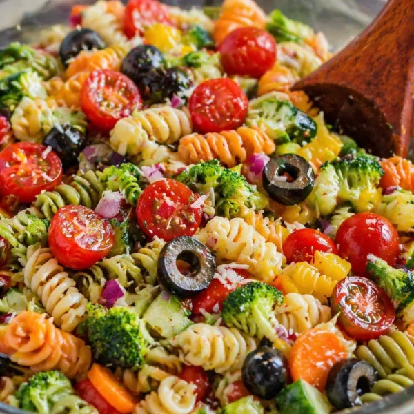 Colorful garden pasta salad with fresh vegetables and Italian dressing in a large serving bowl.