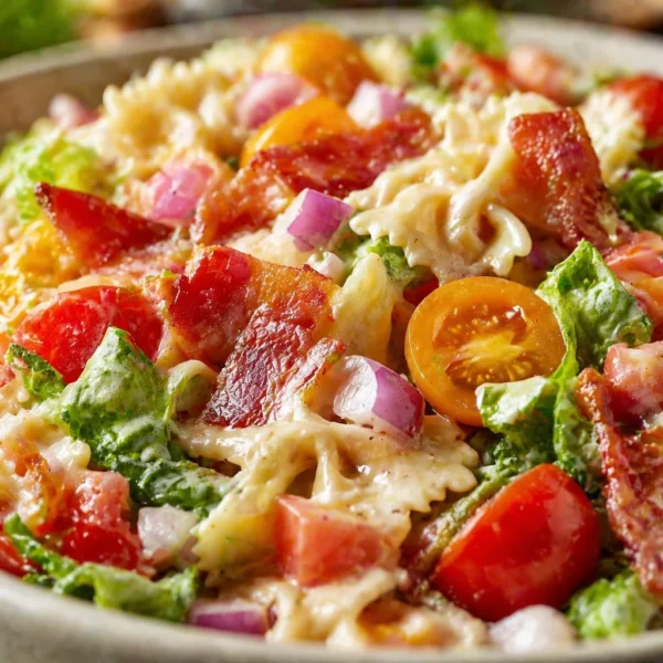 BLT Pasta Salad with bacon, tomatoes, lettuce, and creamy dressing in a bowl.