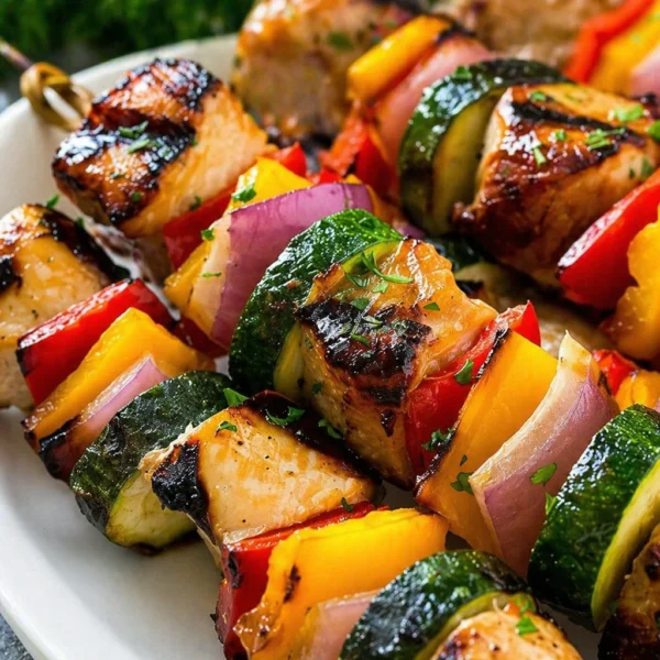 Juicy Grilled Chicken Kabobs with colorful vegetables on skewers, grilled to perfection.