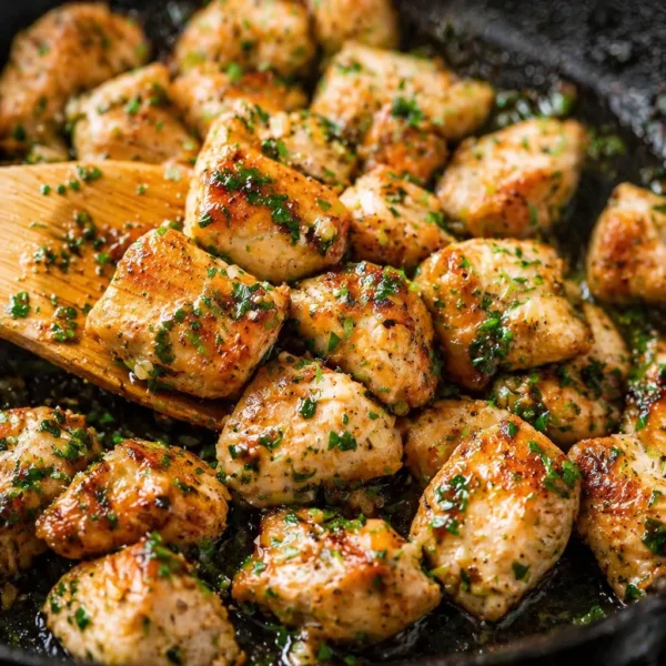 Garlic Butter Chicken Bites You’ll Want to Make Every Week! Plate of Garlic Butter Chicken Bites garnished with herbs