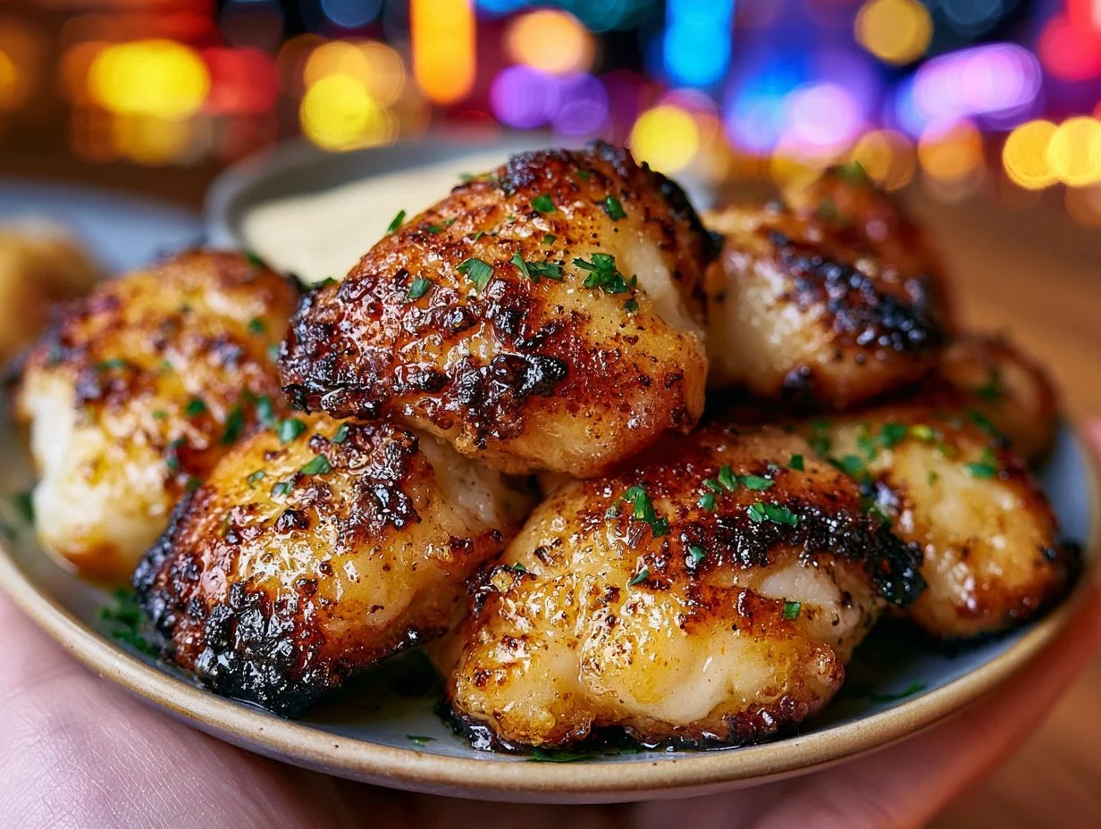 Lemon Butter Fish Bites with Garlic Aioli Lemon Butter Fish Bites served with creamy Garlic Aioli on a plate