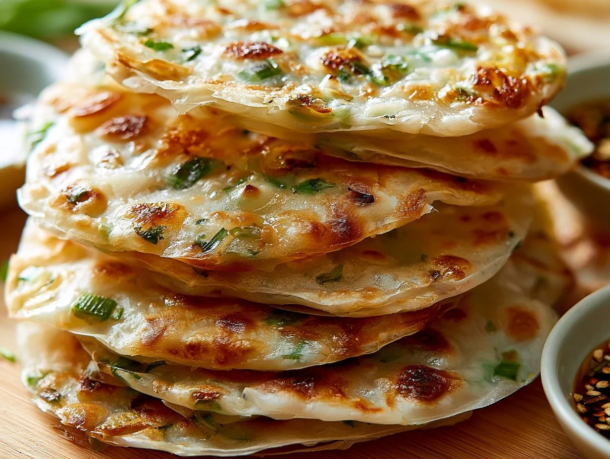 Rice paper scallion pancakes freshly cooked and served on a plate.