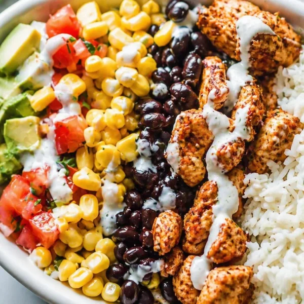 Delicious Chicken Burrito Bowls with cilantro-lime rice and fresh toppings.